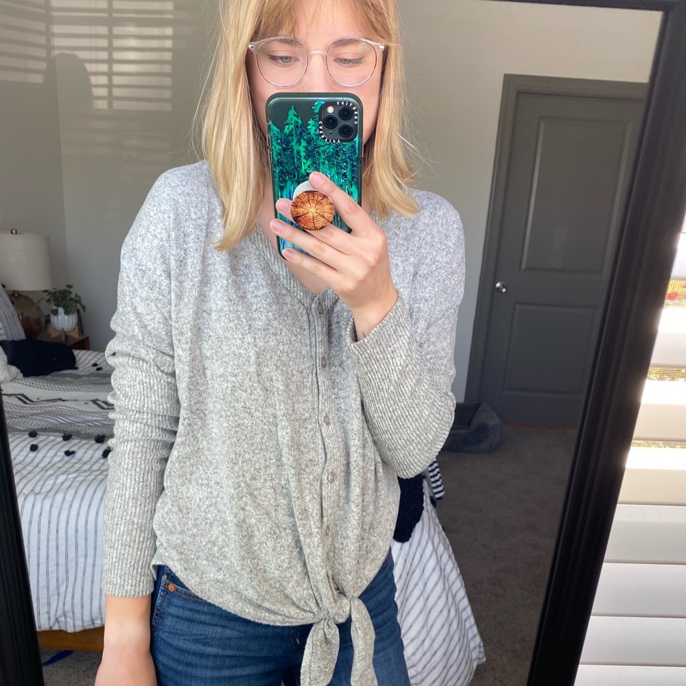 Tie front grey buttoned long sleeve top Stitch Fix